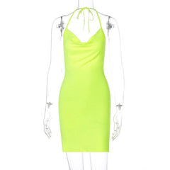 Solid cowl neck halter backless slit mini dress-final-sale
