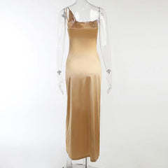 Sleeveless solid satin slit one shoulder ruched backless midi dress-final-sale