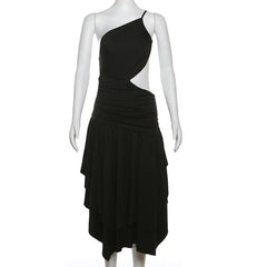 One shoulder hollow out ruched ruffle cut out midi dress-final-sale