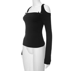 Ruched bowknot hollow out long sleeve solid cut out top