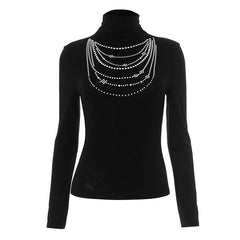 Long sleeve high neck beaded print contrast top