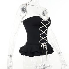 Lace up contrast ruffle corset notch neck tube crop top-final-sale