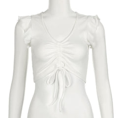 Cap sleeve drawstring ruched ribbed crop top