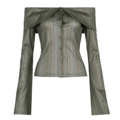 Striped off shoulder contrast long flared sleeve button top