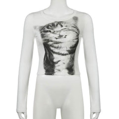 Long sleeve crewneck cat print top