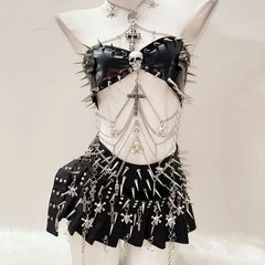 Skull rivet applique PU leather pleated top
