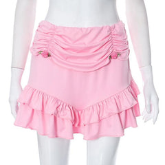 Long sleeve self tie ruched flower applique ruffle solid mini skirt set-final-sale