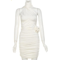 Halter ruched flower applique backless mini dress
