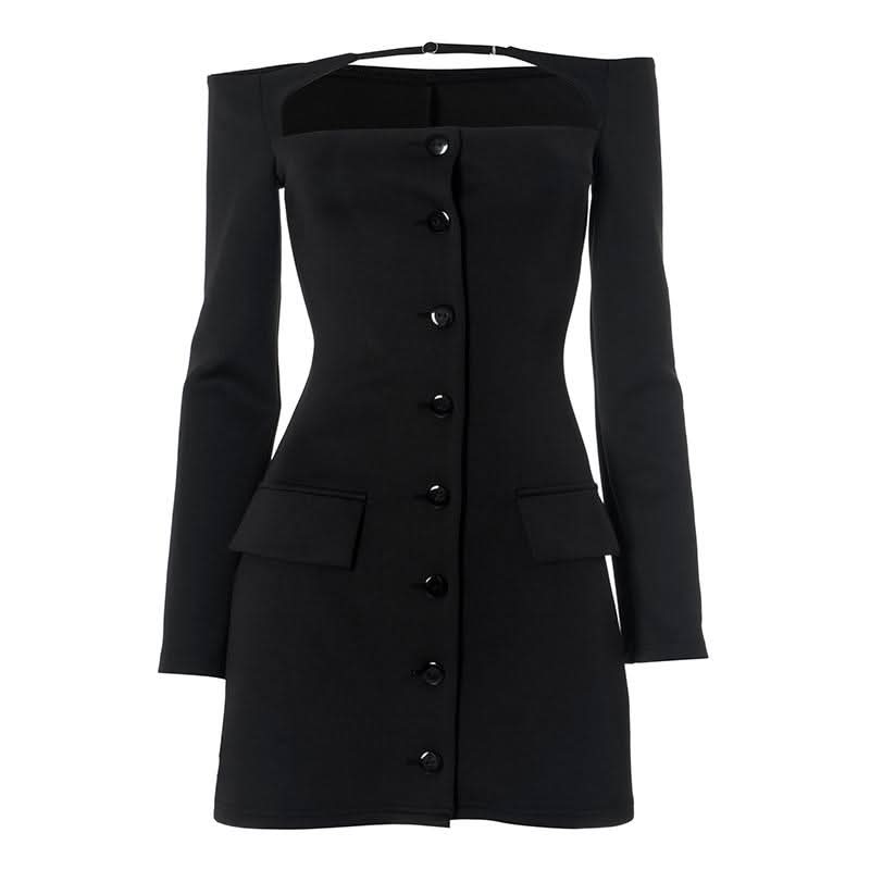 Off shoulder long sleeve button hollow out cut out mini dress