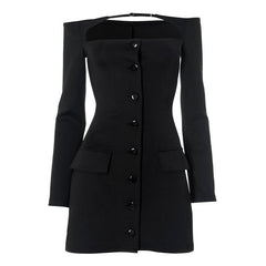 Off shoulder long sleeve button hollow out cut out mini dress