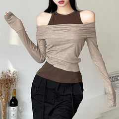 Contrast long sleeve 2-way off shoulder 2 piece top