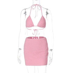 Textured halter self tie v neck solid mini skirt set