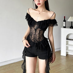Off shoulder lace ruffle hollow out cut out top