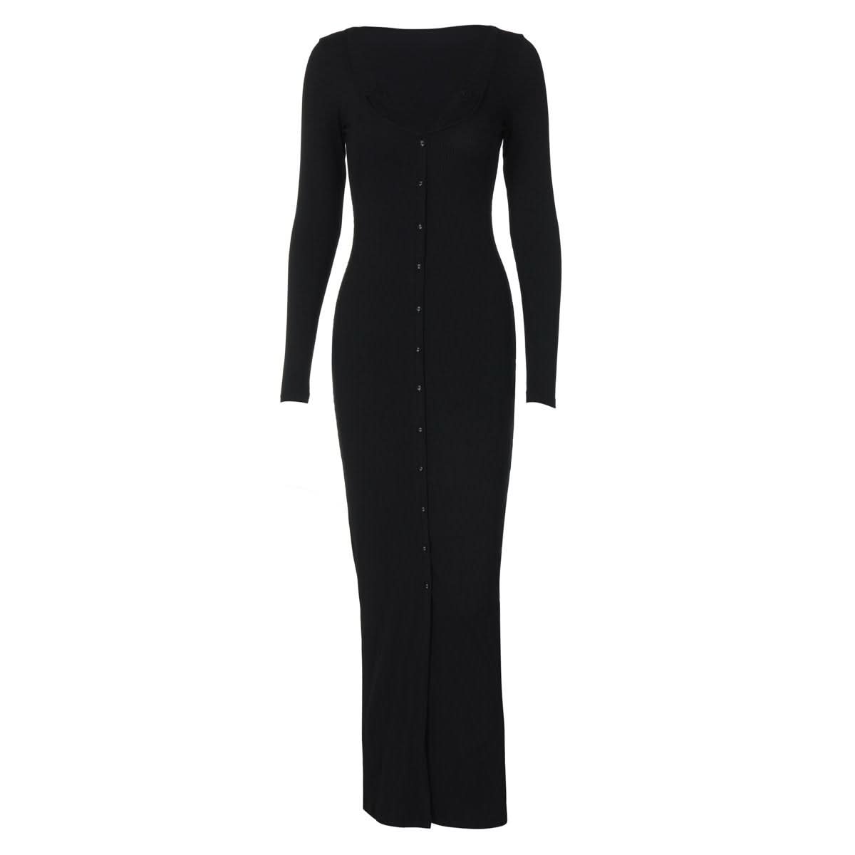 Long sleeve lace hem button maxi dress