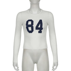Long sleeve crewneck "84" print contrast top