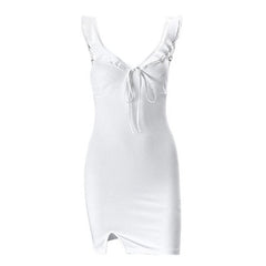 V neck slit knotted backless cami mini dress