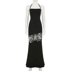 Square neck self tie halter lace slit maxi dress