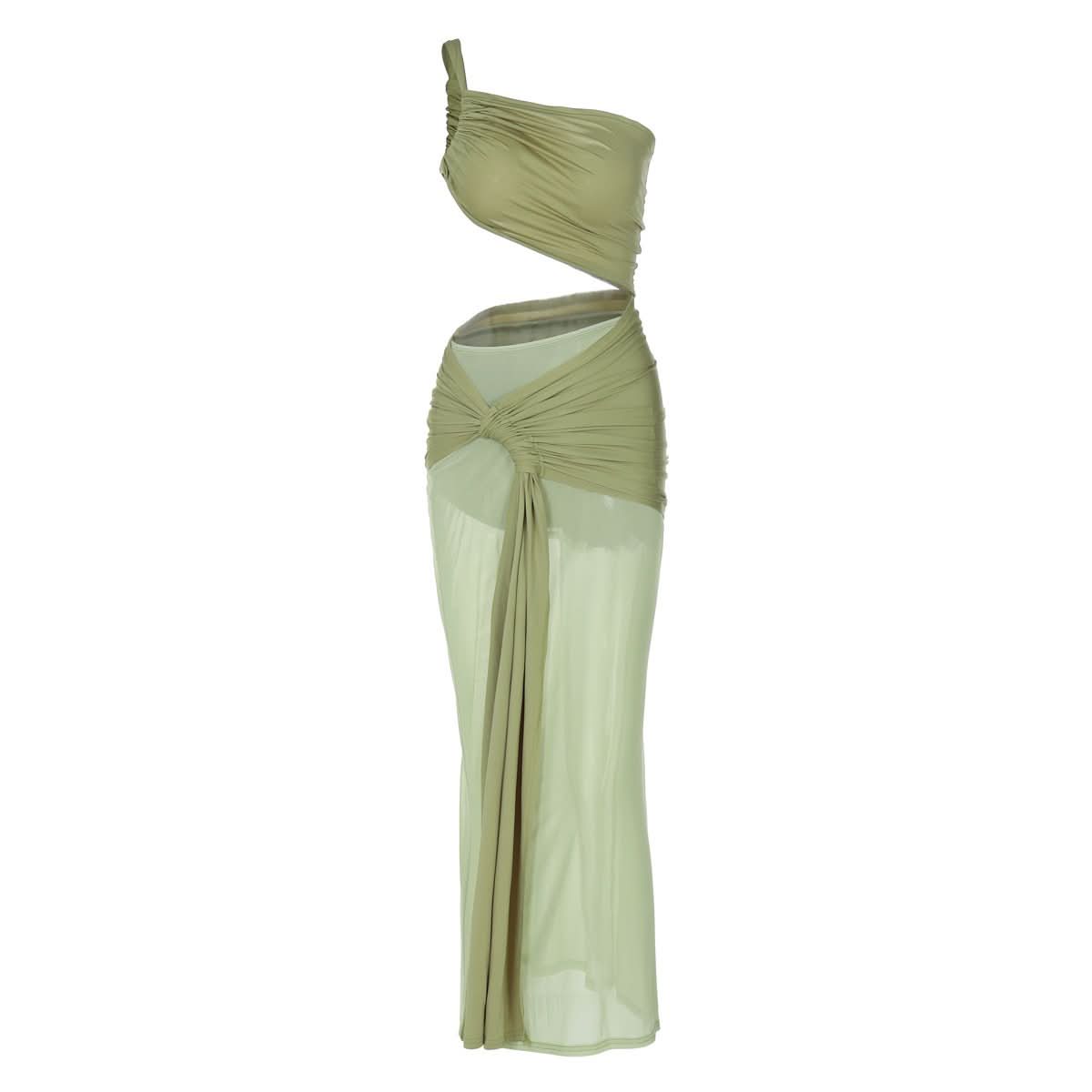 One shoulder ruched hollow out mesh cut out maxi dress