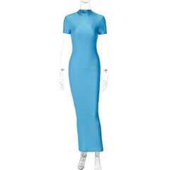 Short sleeve high neck slit solid maxi dress-final-sale