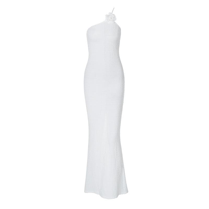 Flower applique one shoulder textured slit cami maxi dress