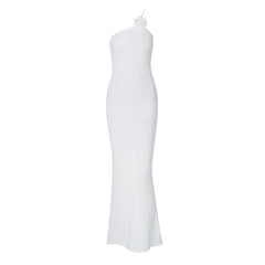 Flower applique one shoulder textured slit cami maxi dress