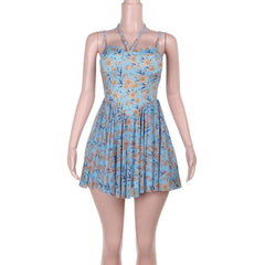 Halter sweetheart neck flower print mesh cami mini dress-final-sale