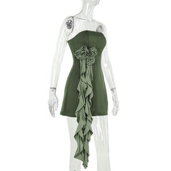 Flower applique ruffle zip-up tube mini dress