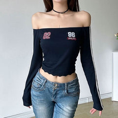 Off shoulder long sleeve lace hem embroidery top