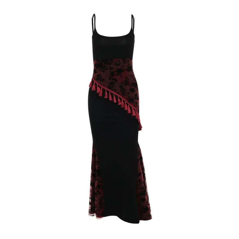 U neck lace print tassels backless cami midi dress