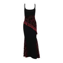 U neck lace print tassels backless cami midi dress