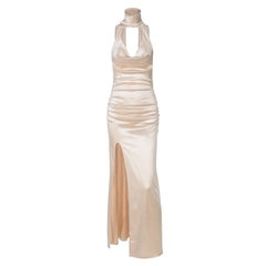 Halter cowl neck ruched backless slit maxi dress