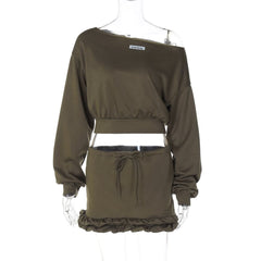 Long sleeve off shoulder self tie ruffle crop mini skirt set