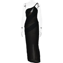 One shoulder irregular patchwork slit cami maxi dress