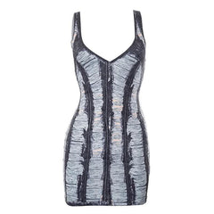 Denim print v neck backless contrast sleeveless mini dress-final-sale
