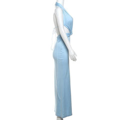 Halter deep v neck ruched backless maxi dress
