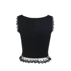 Sleeveless lace up lace hem top