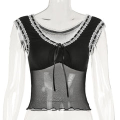 Lace hem mesh bowknot ribbon ruffle top