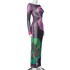 Long sleeve sheer mesh print crewneck maxi dress