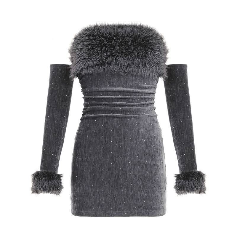 Fluffy gloves beaded tube mini dress