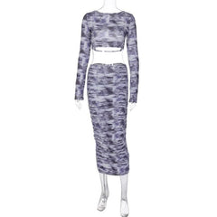 Contrast print long sleeve backless hollow out ruched cut out midi skirt set-final-sale