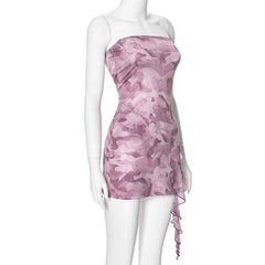 Ruffle print stitch mesh contrast backless tube mini dress