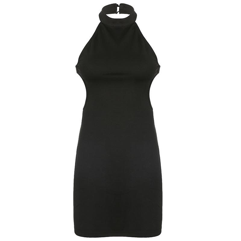 Sleeveless solid halter hollow out backless button cut out mini dress