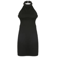 Sleeveless solid halter hollow out backless button cut out mini dress