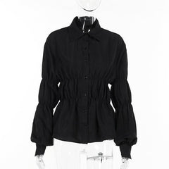 Turnover collar long puff sleeve button top-final-sale