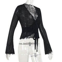 Long flared sleeve v neck lace hem knotted top