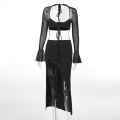 Self tie long sleeve textured backless slit low cut midi skirt set-final-sale