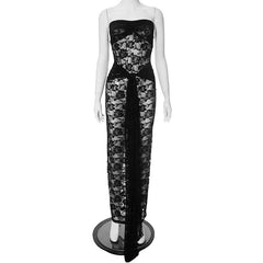 Lace ruched ruffle see through tube maxi dress-final-sale