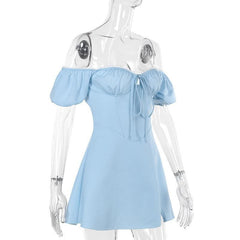 Off shoulder sweetheart neck self tie mini dress