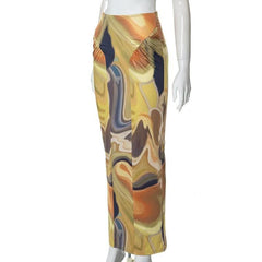 Contrast ruched abstract print midi skirt-final-sale