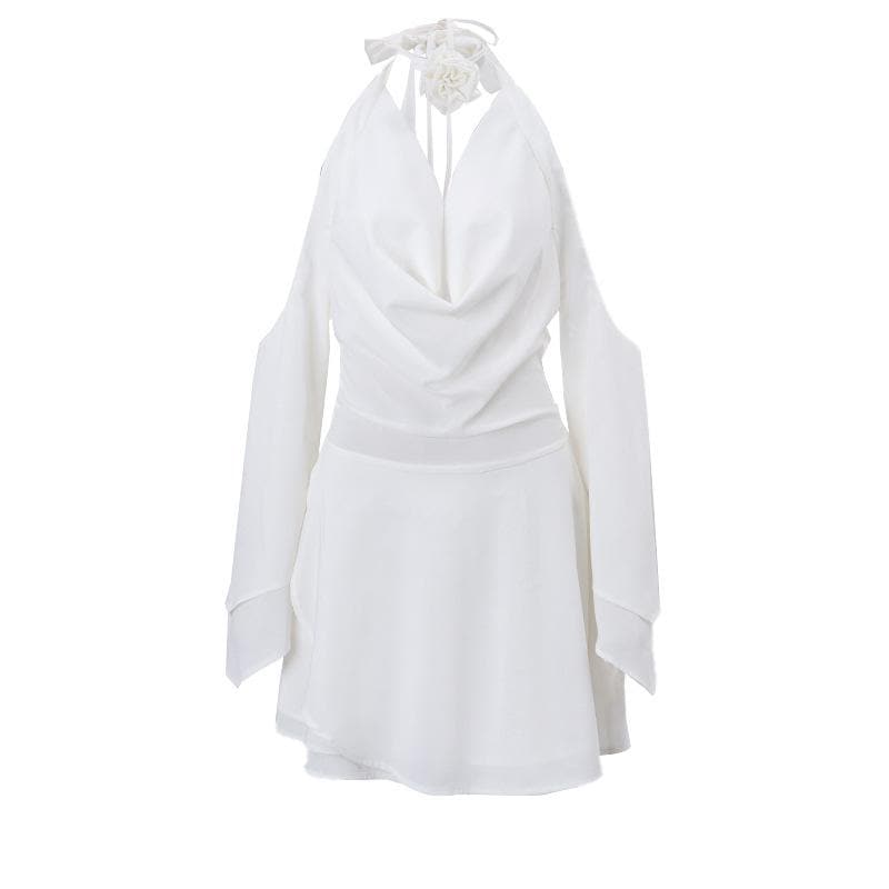 Cowl neck solid halter backless off shoulder long sleeve zip-up mini dress